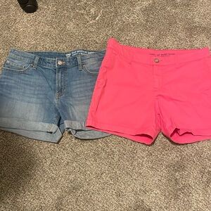 two pairs gap boyfriend girlfriend shorts pink, and denim
